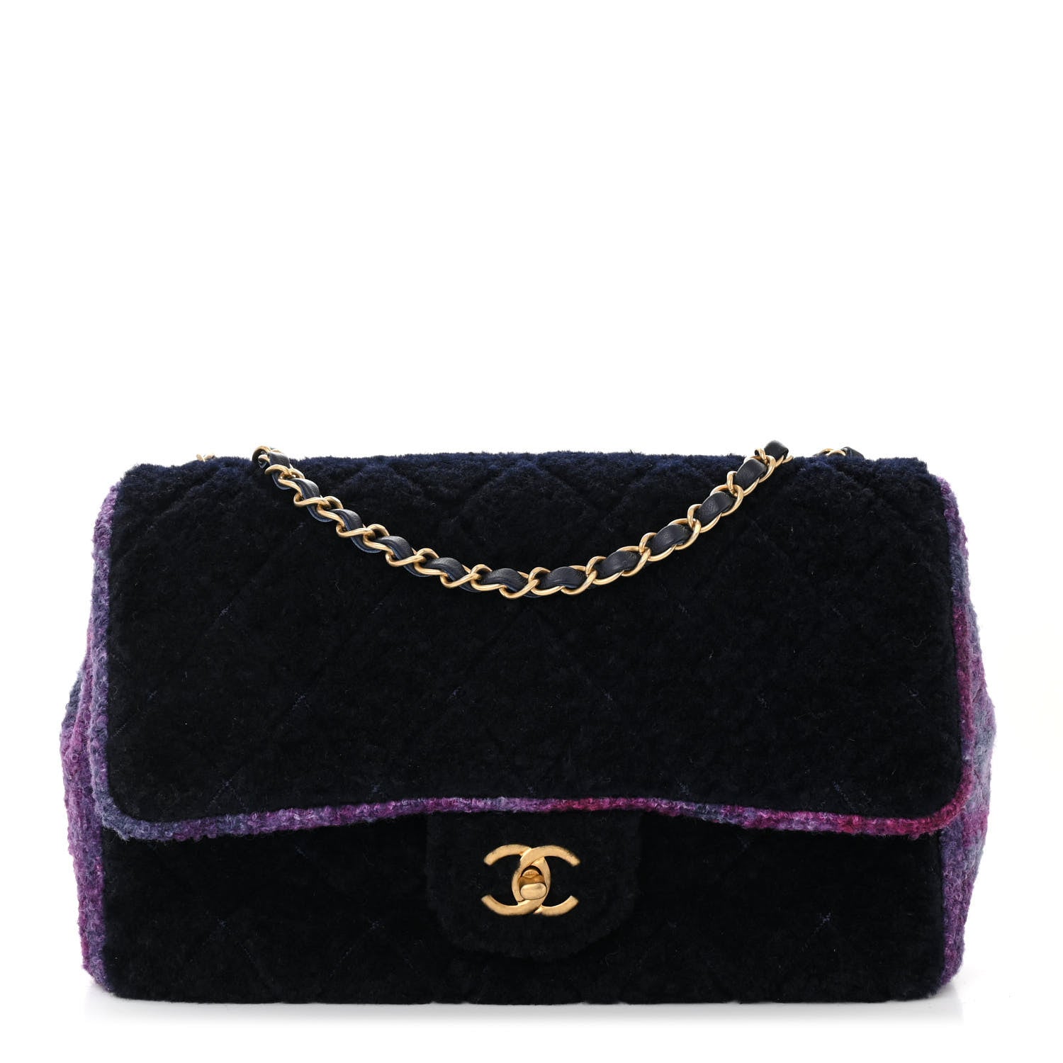 Chanel Shearling Tweed Jumbo Single Flap Navy Purple 1 of 10