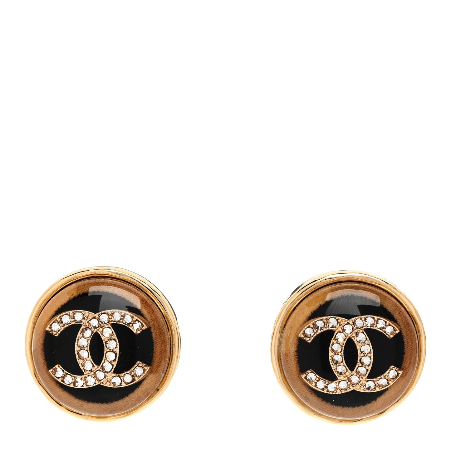 Resin Crystal CC Round Earrings Gold Black