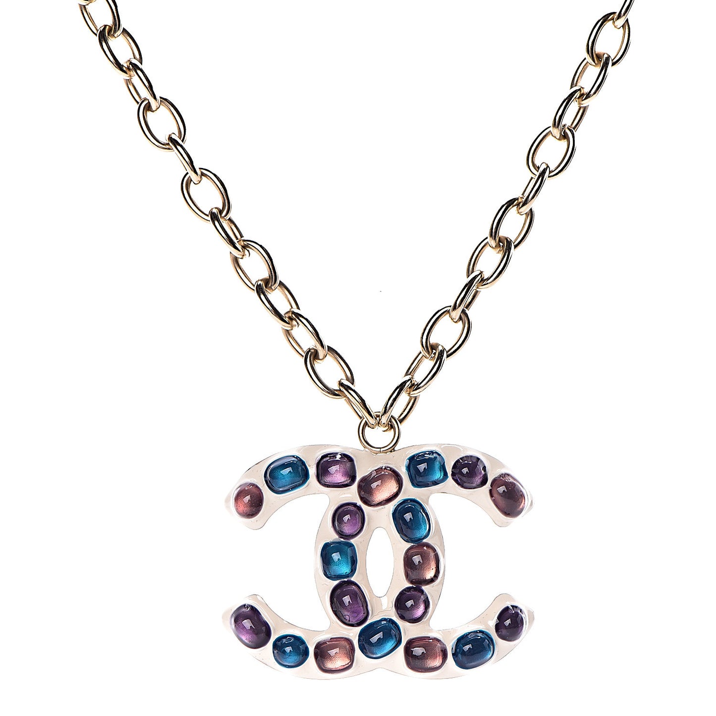 Beaded Large CC Pendant Necklace Gold Multicolor