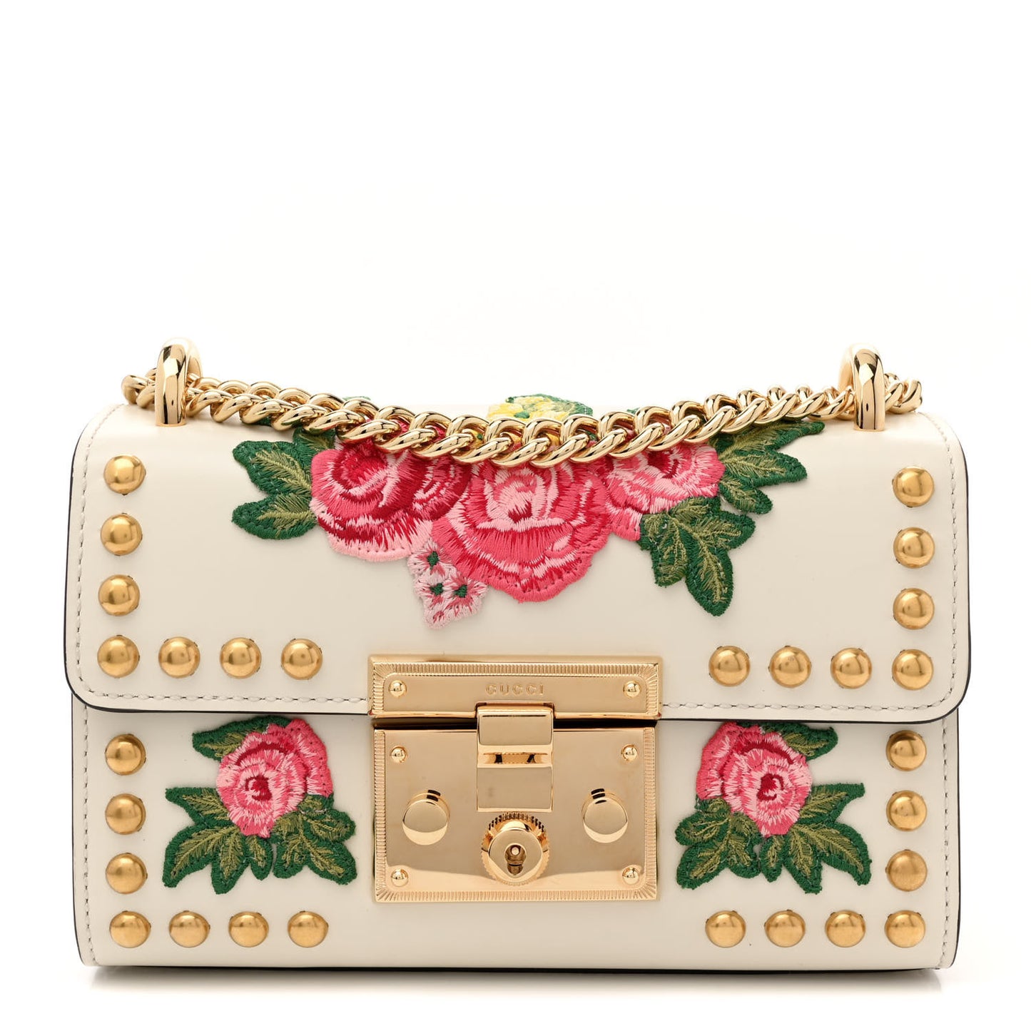 Calfskin Floral Embroidered Small Padlock Shoulder Bag White