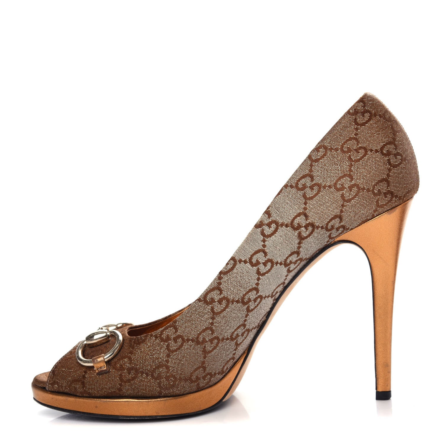 Gucci Metallic Monogram GG Horsebit Peep Toe Pumps 40 Brown 1 of 10