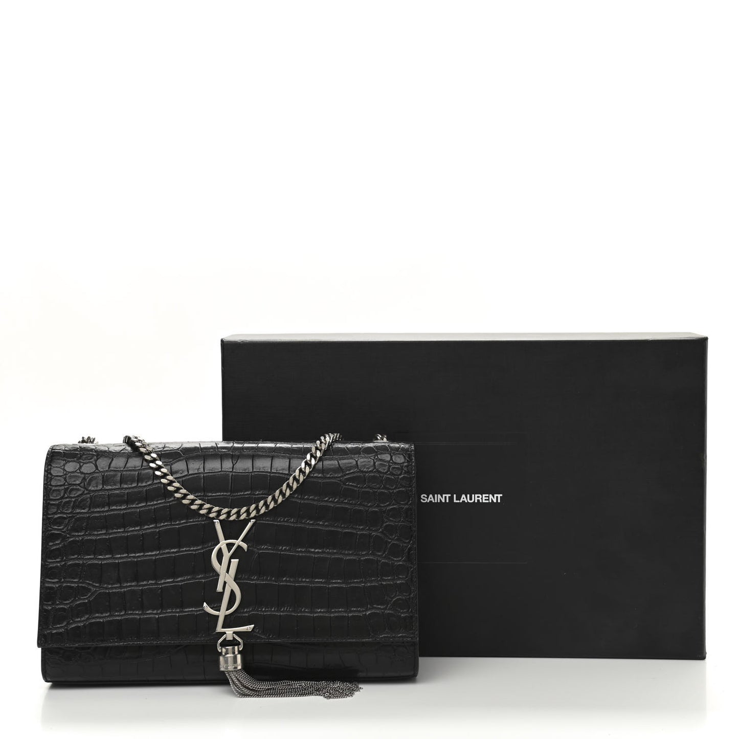 Calfskin Crocodile Embossed Medium Classic Monogram Kate Tassel Satchel Black