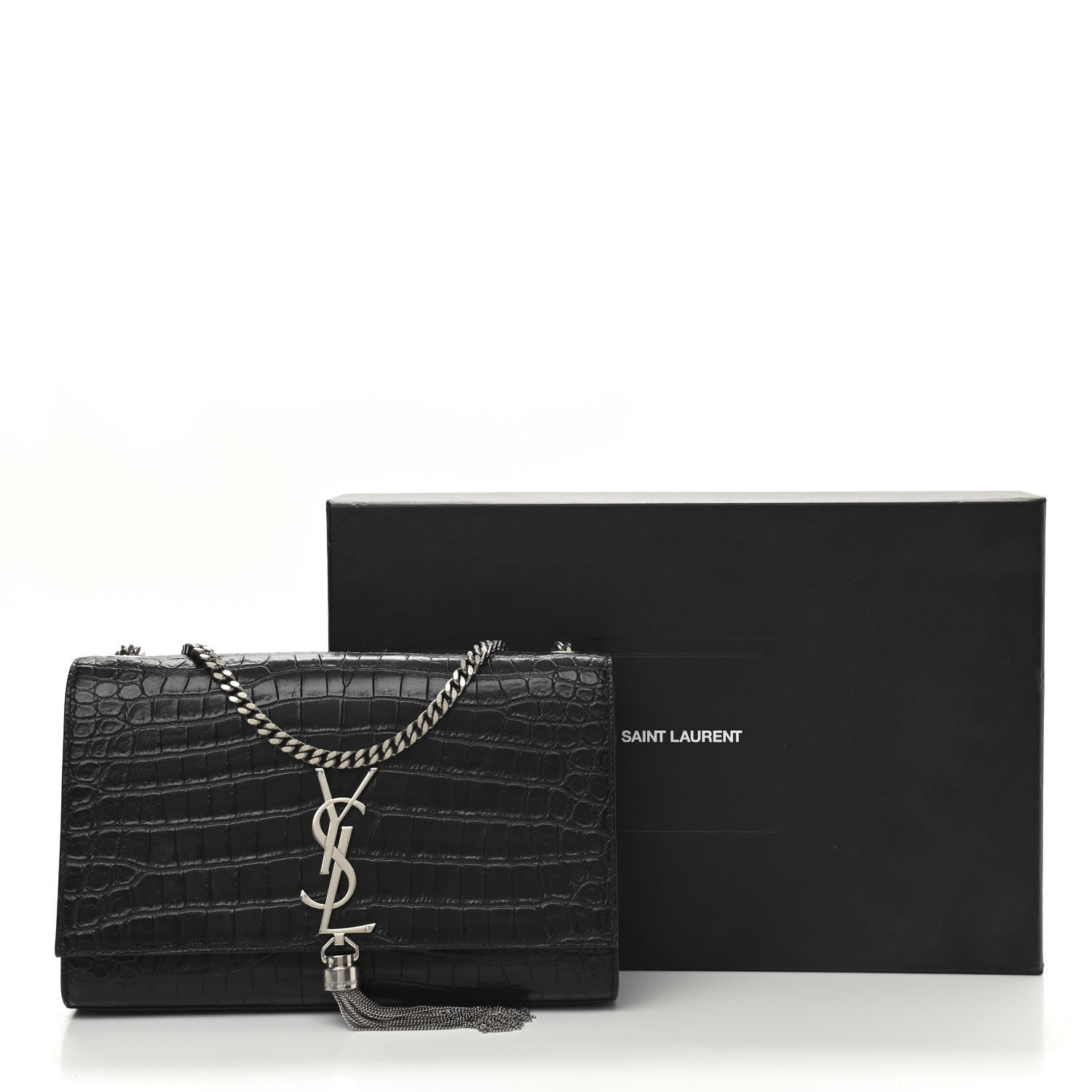Saint Laurent Calfskin Crocodile Embossed Medium Classic Monogram Kate Tassel Satchel Black 10 of 10