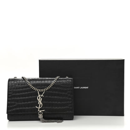Saint Laurent Calfskin Crocodile Embossed Medium Classic Monogram Kate Tassel Satchel Black 10 of 10