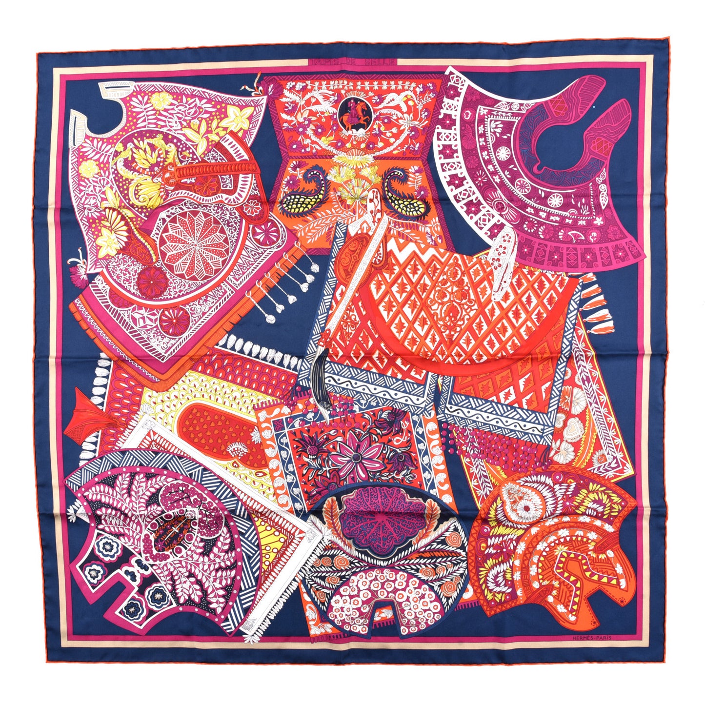 Silk Tapis De Selle Scarf 90 Marine Violet Rouge