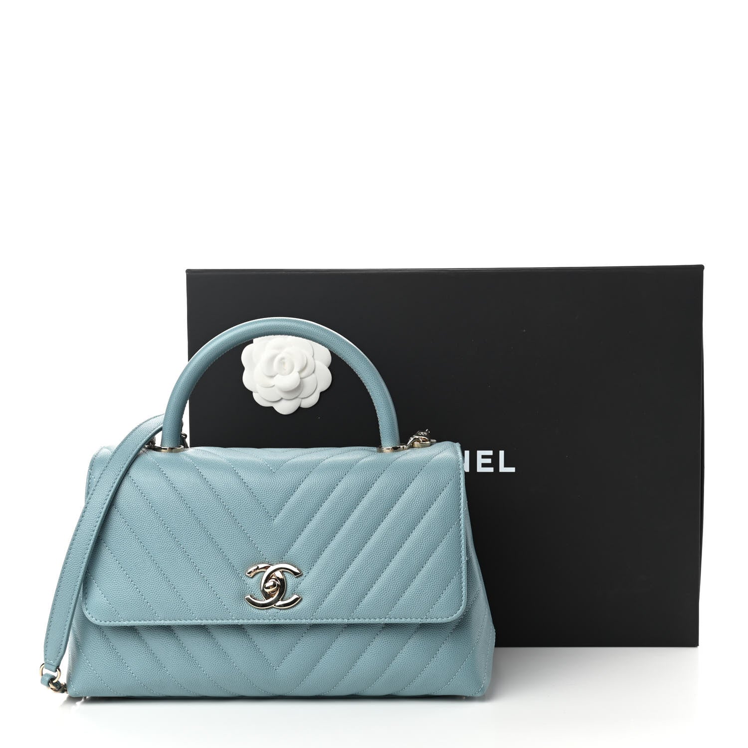Chanel Caviar Chevron Quilted Small Coco Handle Flap Blue 11 of 11