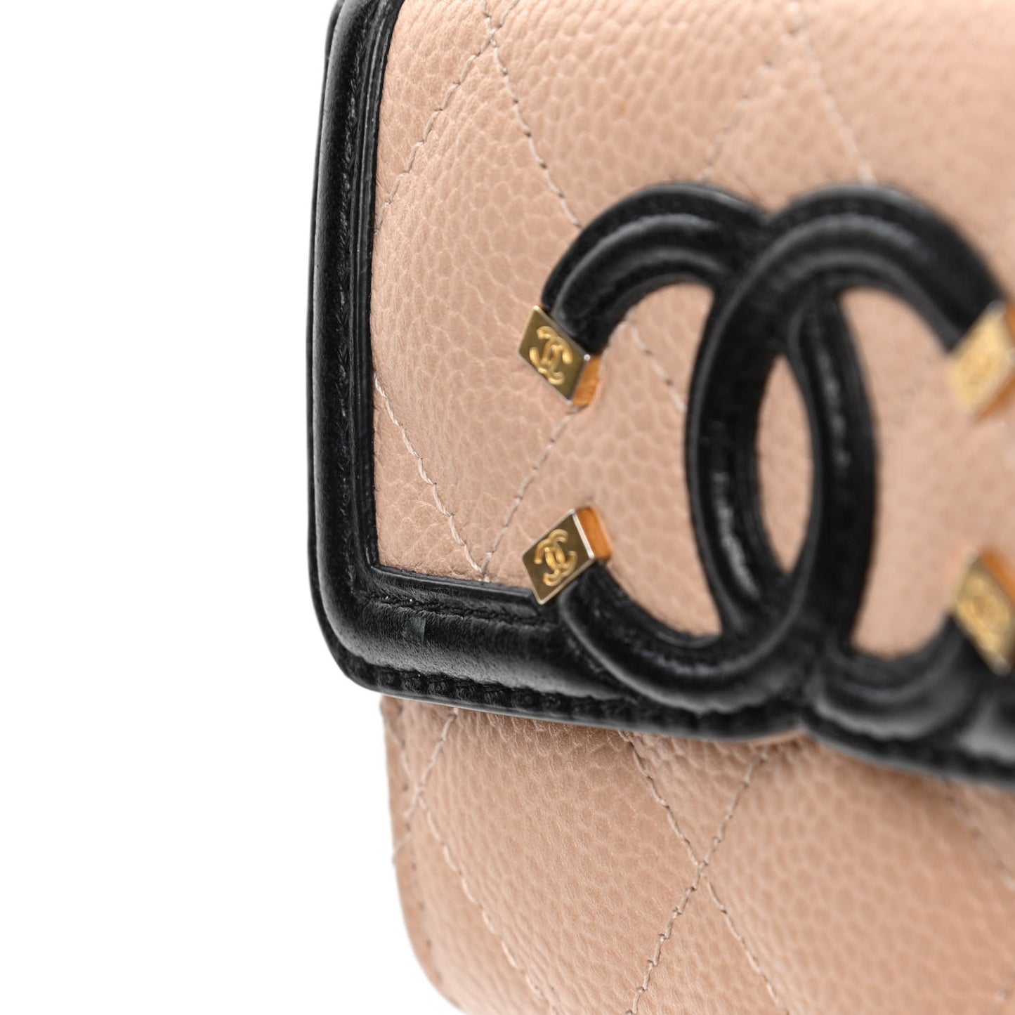 Caviar Quilted Filigree Flap Card Holder Beige Black