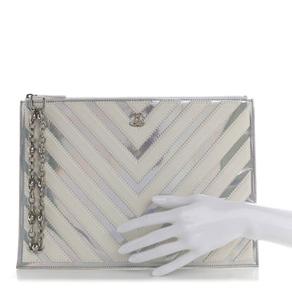 Chanel Lambskin Metallic Chevron Zip Pouch White Silver 2 of 12