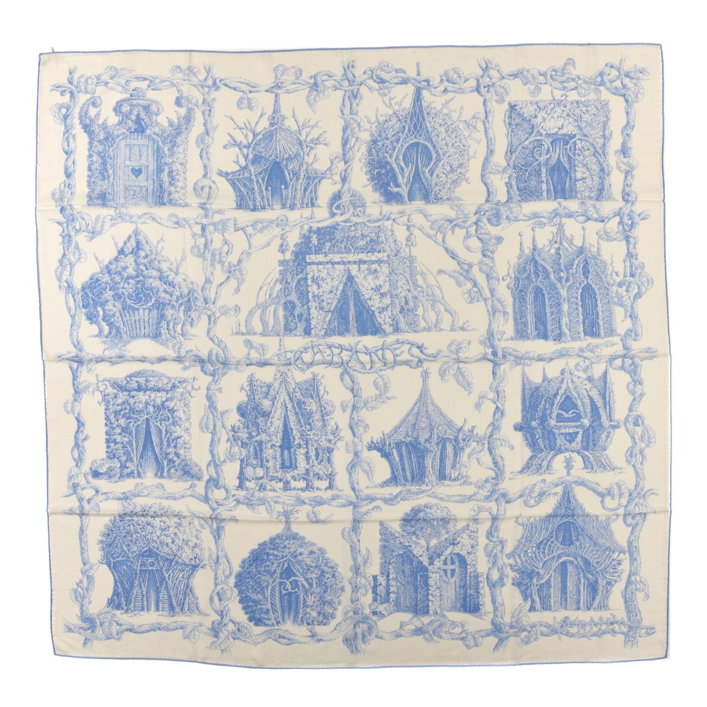 Cashmere Silk Les Cabanes Shawl 140 White Bleu Ciel