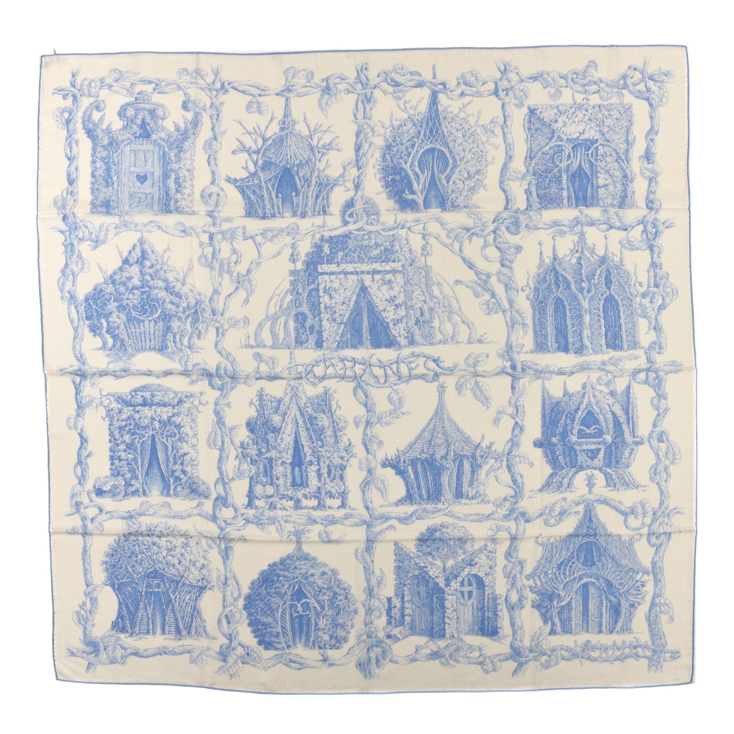 Hermes Cashmere Silk Les Cabanes Shawl 140 White Bleu Ciel 1 of 4