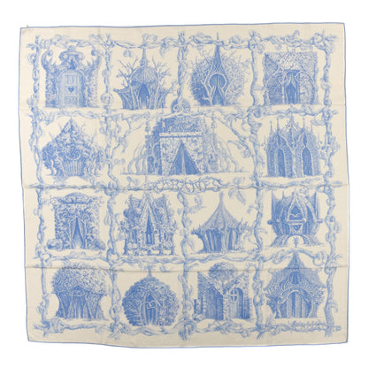 Hermes Cashmere Silk Les Cabanes Shawl 140 White Bleu Ciel 1 of 4
