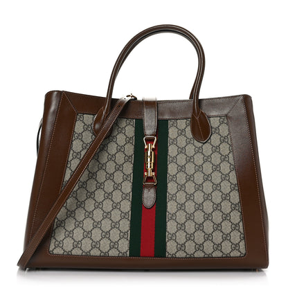 Gucci GG Supreme Monogram Azalea Calfskin Web Large Jackie 1961 Tote Beige Ebony Brown Sugar 1 of 10
