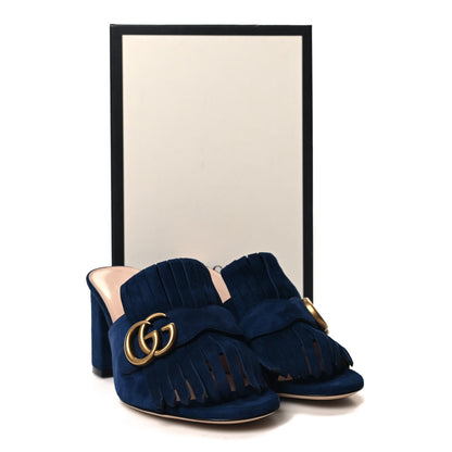 Gucci Kid Scamosciato GG Marmont Fringe 75mm Slide Sandals 38.5 Blue Ink 8 of 8