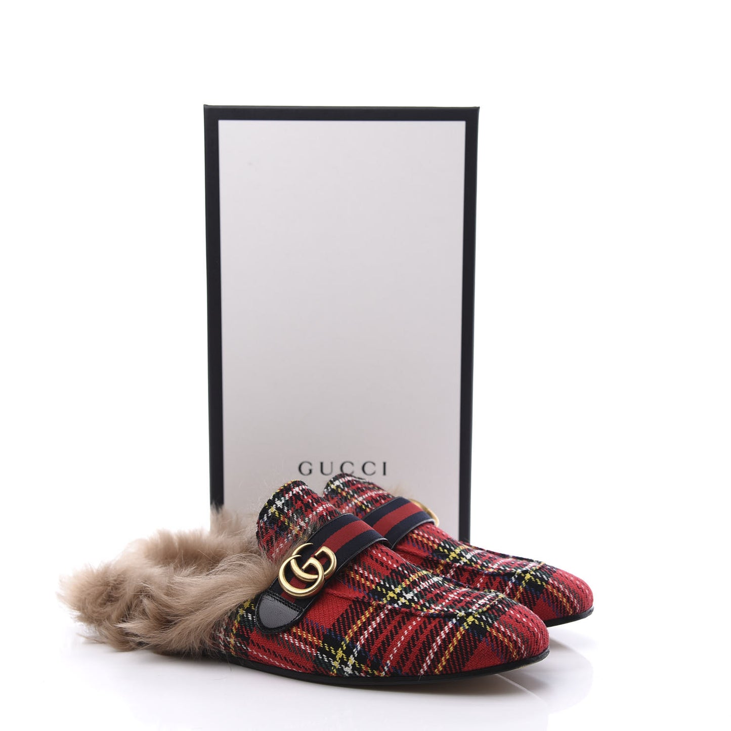 Tartan Fur Web GG Mens Princetown Slippers 12 Red
