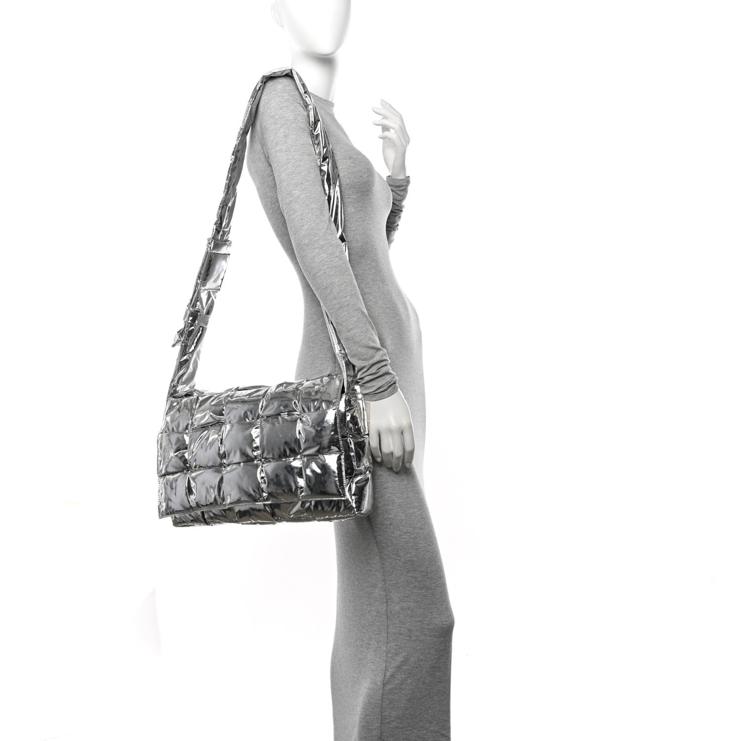 Metallic Calfskin Maxi Intrecciato Padded Cassette Crossbody Bag Silver
