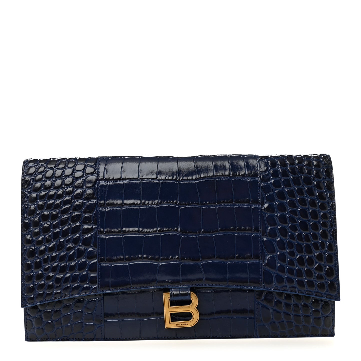 Shiny Calfskin Crocodile Embossed Hourglass Flap Flat Pouch Navy Blue