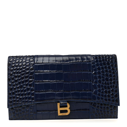 Balenciaga Shiny Calfskin Crocodile Embossed Hourglass Flap Flat Pouch Navy Blue 1 of 7