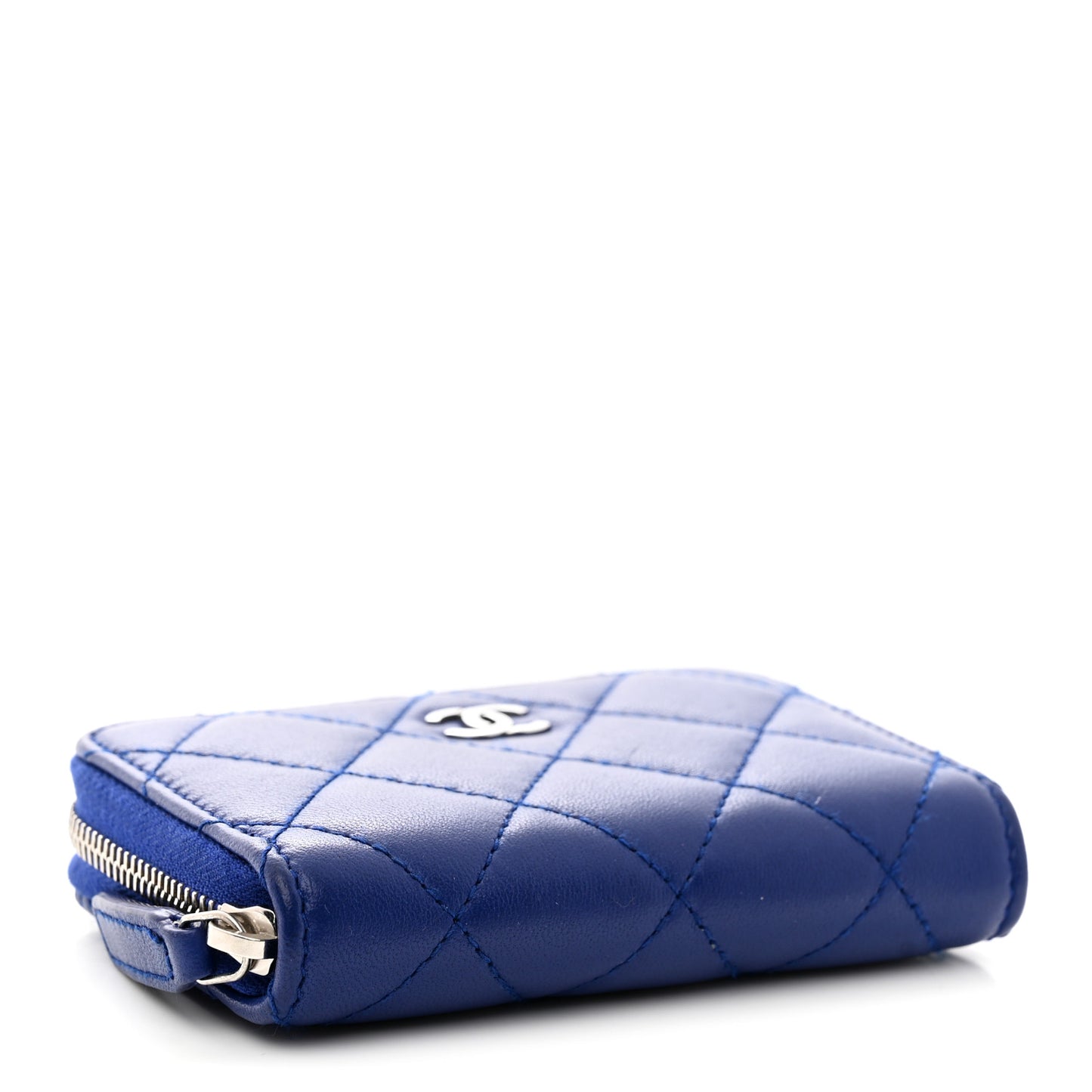Lambskin Quilted Zip Around Coin Purse Wallet Blue