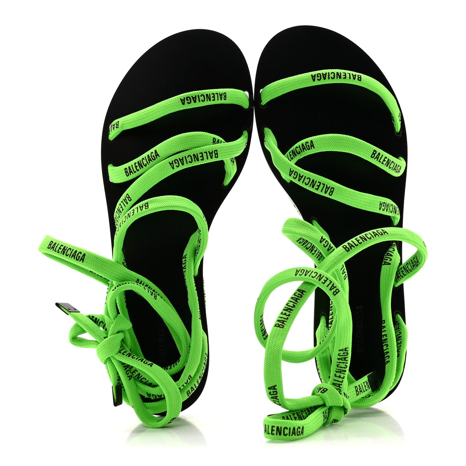 Balenciaga Nylon Calfskin Logo Lace Flat Sandals 37 Neon Green 2 of 8