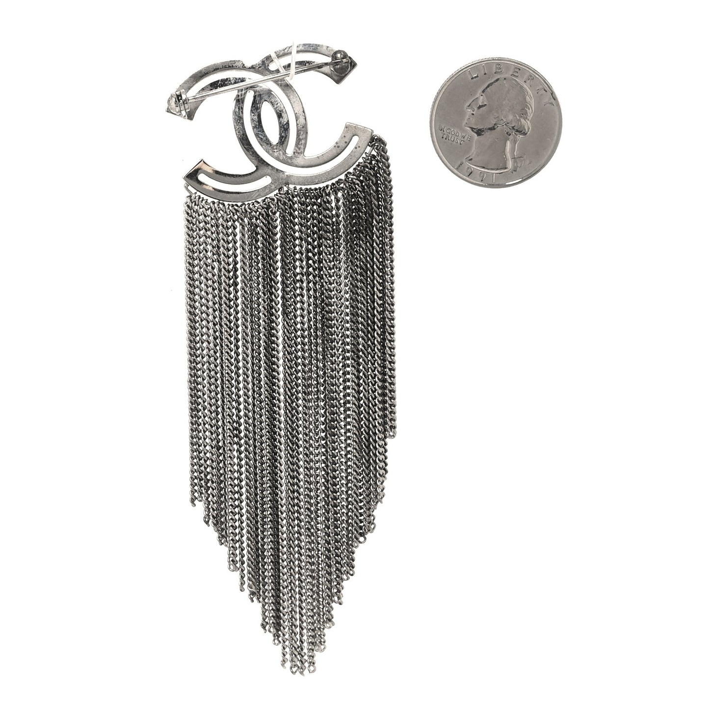 Crystal Chain Fringe CC Brooch Silver