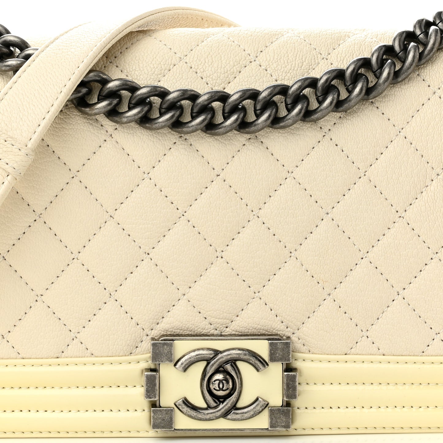 Goatskin Quilted Patent Medium Duo Boy Flap Ecru