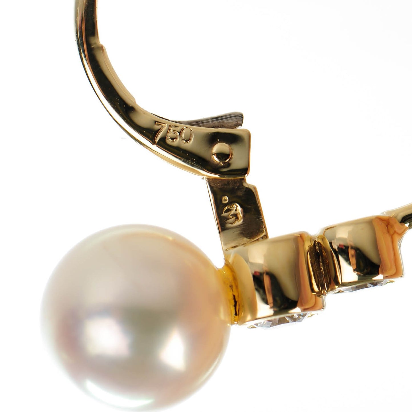 18K Yellow Gold Diamond 7.5mm Pearl Drop Earrings