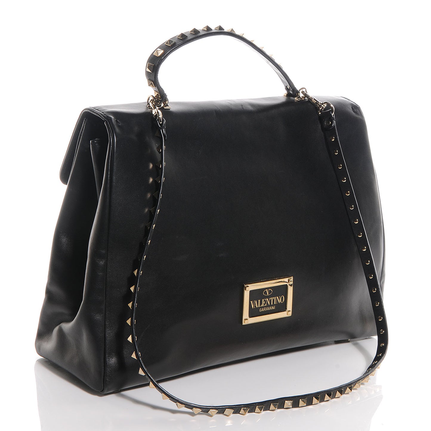 Leather Rockstud Top Handle Tote Black