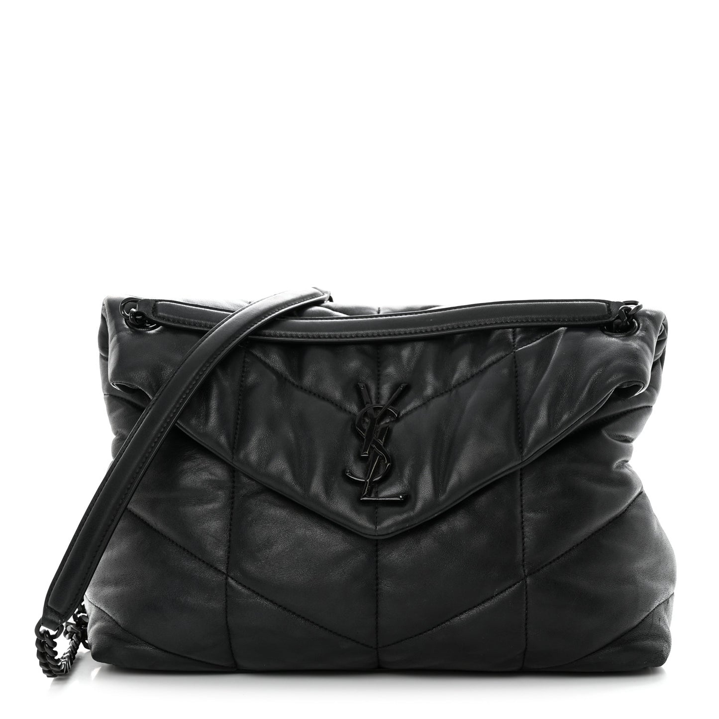 Lambskin Quilted Monogram Monochrome Medium Loulou Puffer Chain Satchel Black