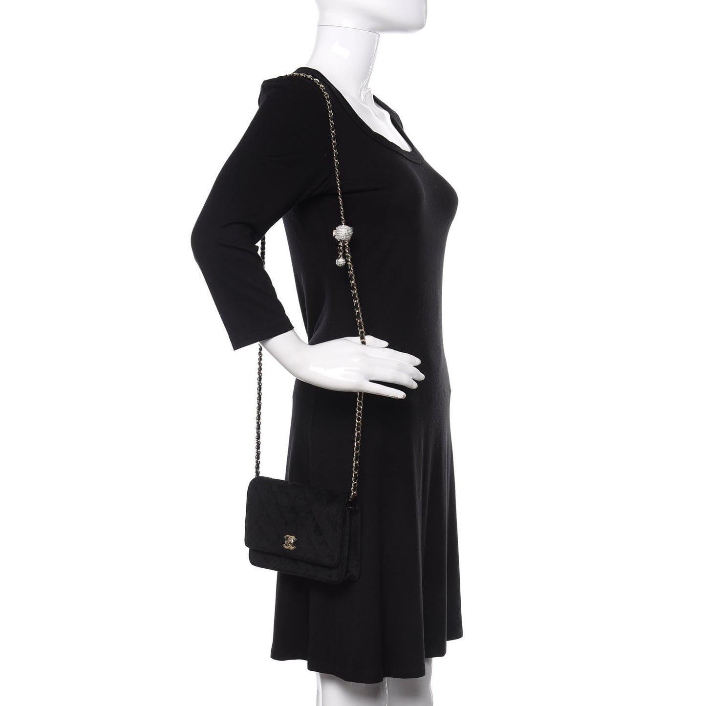 Velvet Quilted Pearl Crush Wallet On Chain WOC Black