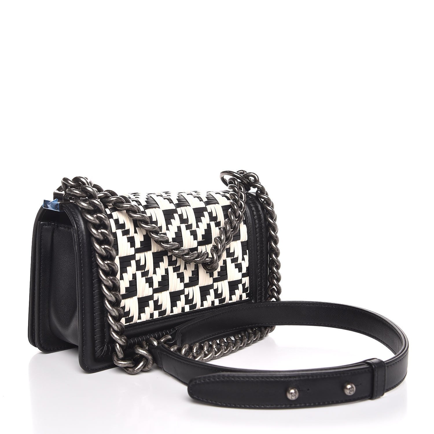 Chanel Calfskin Woven Small Boy Flap Black White 3 of 6