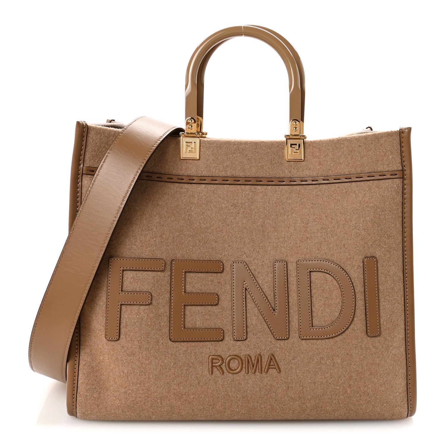 Fendi Flannel Vitello King Wool Plexiglass FF Logo Embroidered Medium Fendi Sunshine Shopper Tote Brown 1 of 9