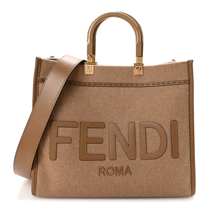 Fendi Flannel Vitello King Wool Plexiglass FF Logo Embroidered Medium Fendi Sunshine Shopper Tote Brown 1 of 9