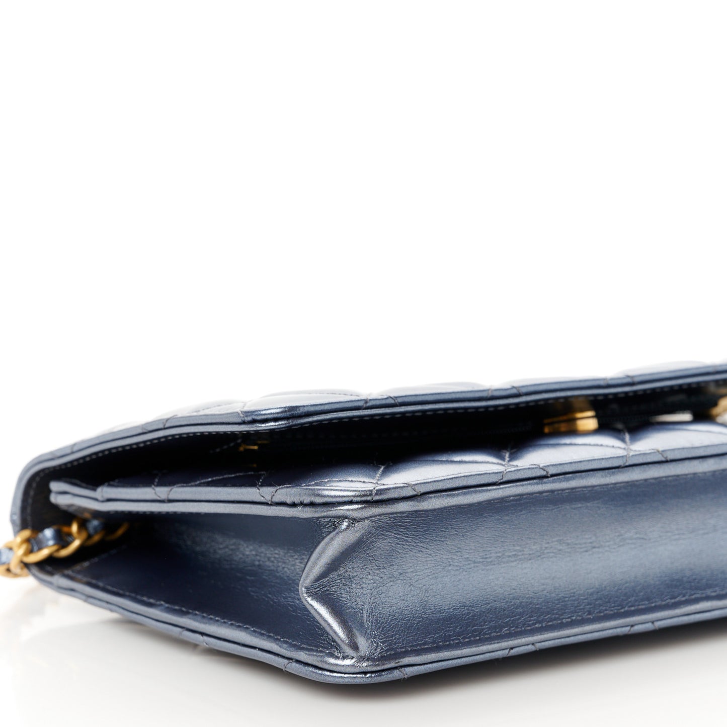 Metallic Lambskin Wallet On Chain WOC Dark Blue