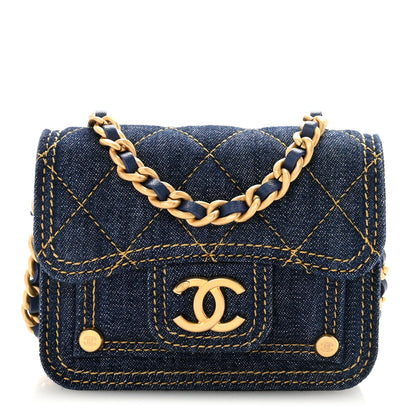 Chanel Denim Quilted Double You Card Holder On Chain Blue 1 of 11