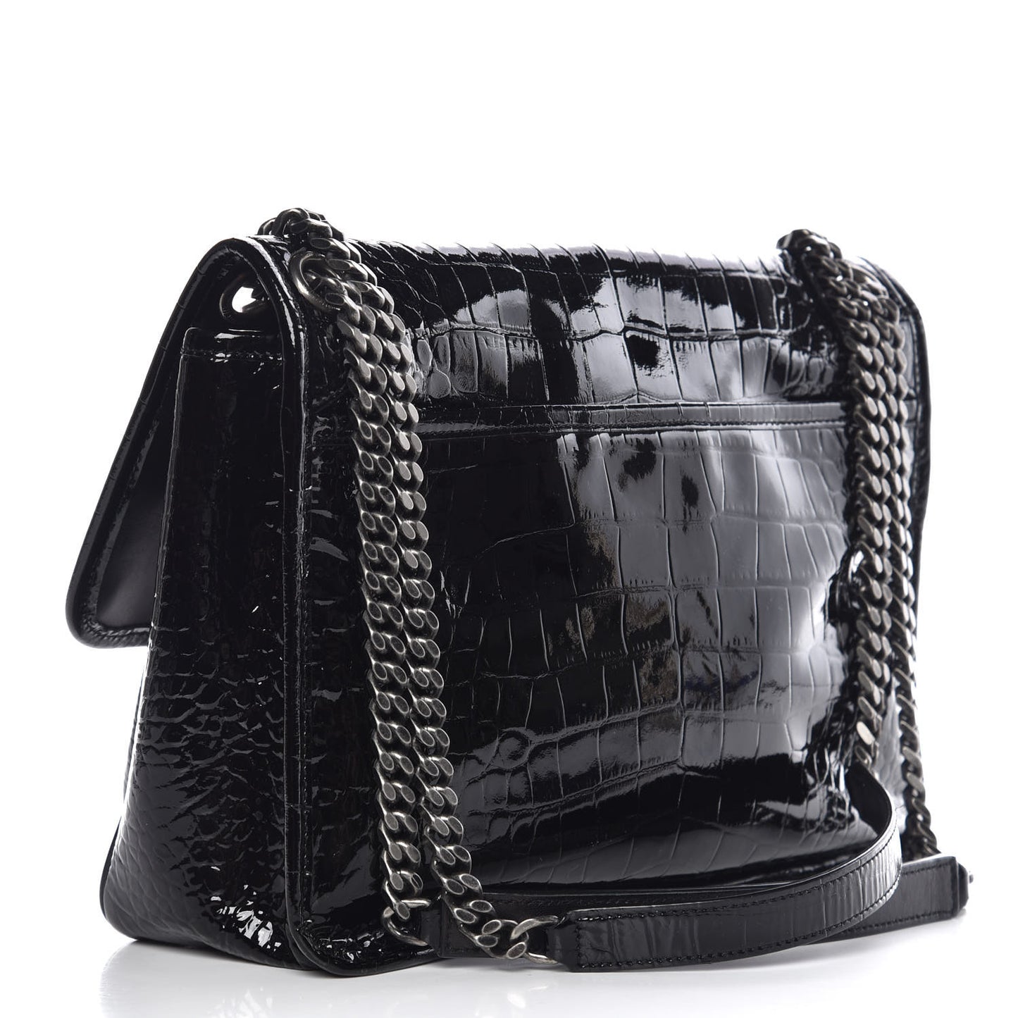 Patent Crocodile Embossed Lambskin Monogram Medium Niki Chain Satchel Black