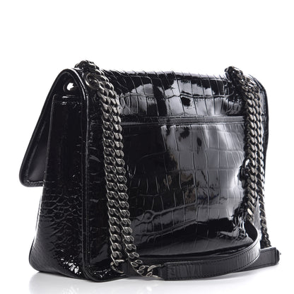 Saint Laurent Patent Crocodile Embossed Lambskin Monogram Medium Niki Chain Satchel Black 3 of 9