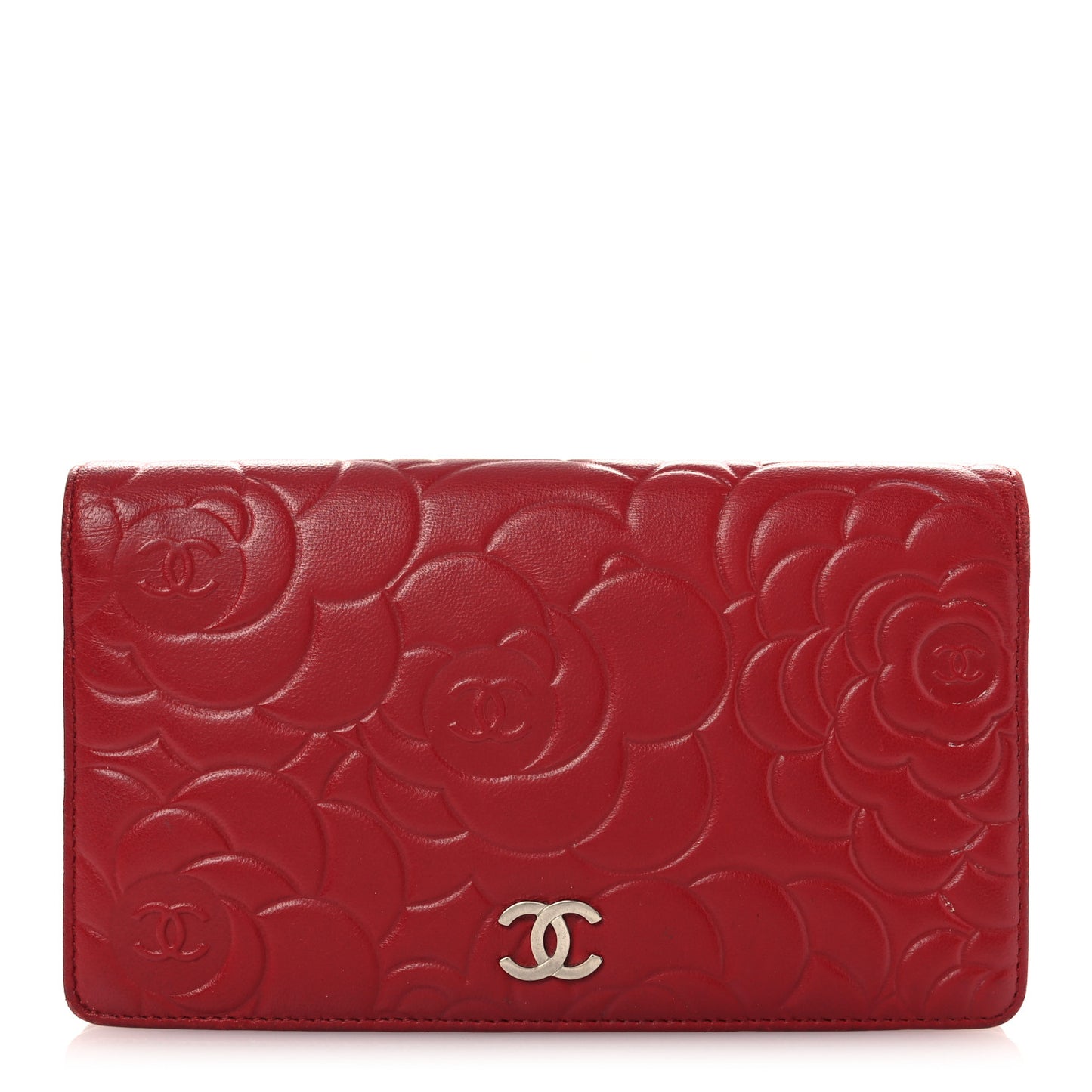 Lambskin Camellia Embossed Yen Wallet Dark Red
