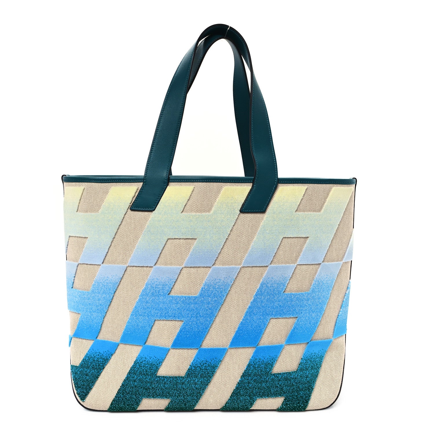 Hermes Swift Toile H Tufted Cabas H En Biais 40 Ecru Bleu Vert Bosphore 1 of 9