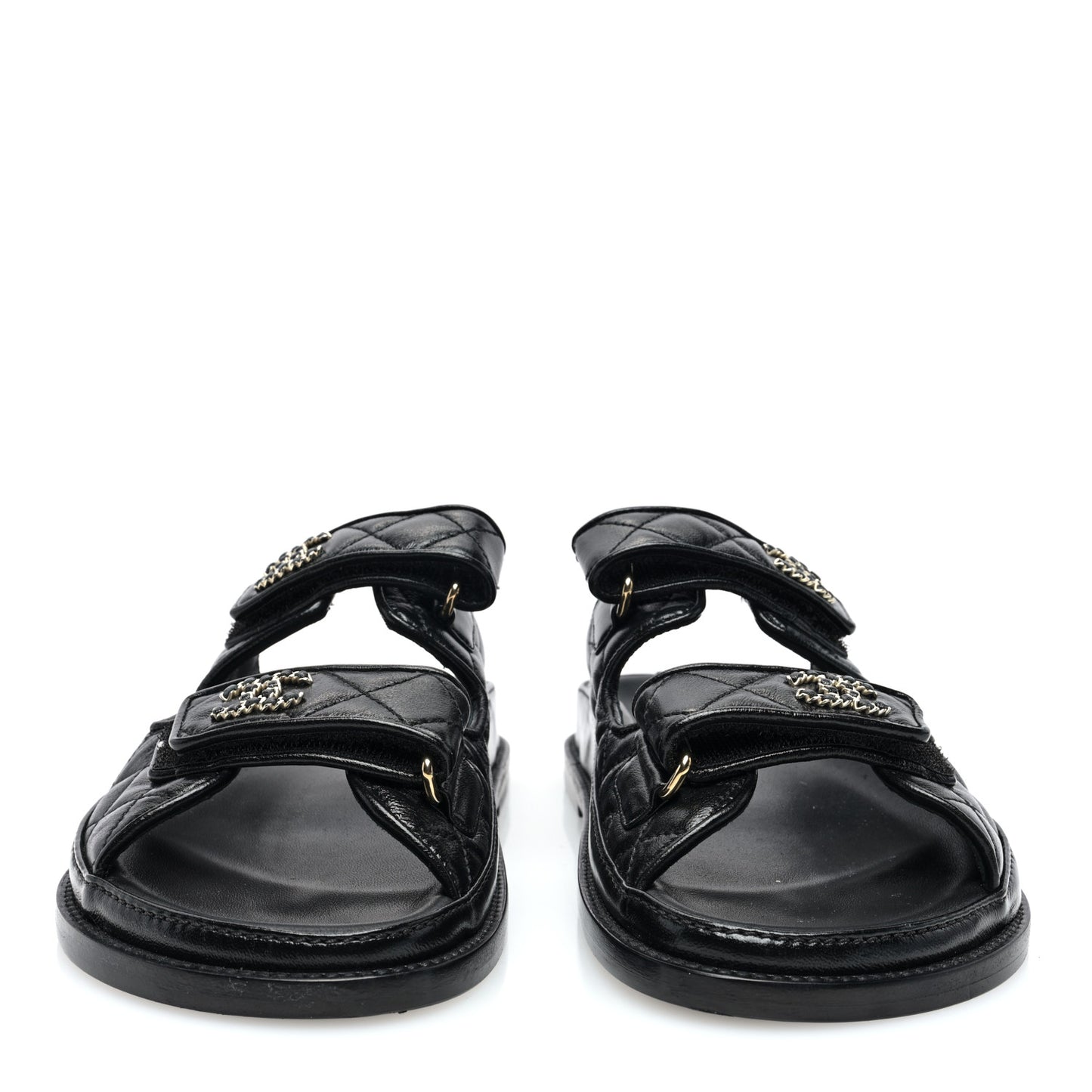 Lambskin Quilted Velcro Dad Chain CC Slide Sandals 36.5 Black