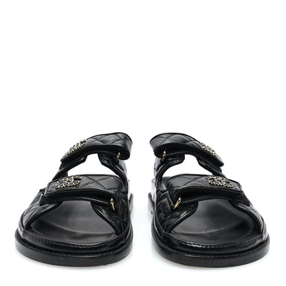 Chanel Lambskin Quilted Velcro Dad Chain CC Slide Sandals 36.5 Black 3 of 7
