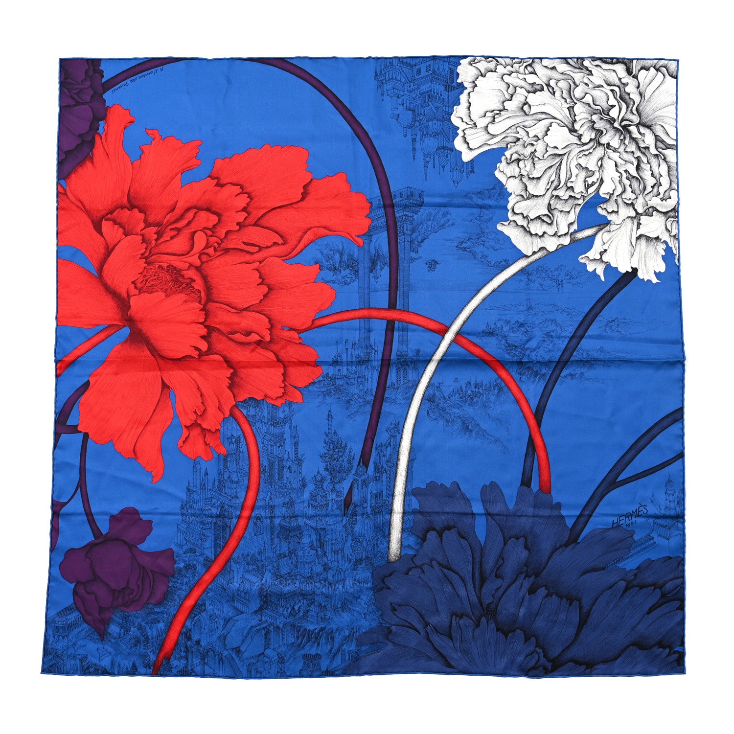 Hermes Silk L'Ombre Des Pivoine Scarf 90 Bleu Moyen Rouge White 1 of 5