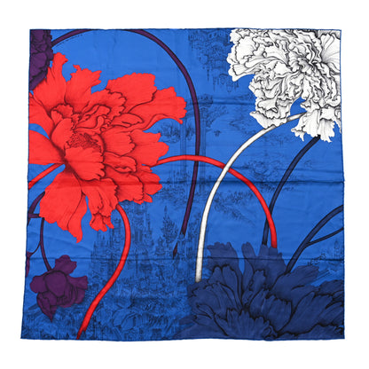Hermes Silk L'Ombre Des Pivoine Scarf 90 Bleu Moyen Rouge White 1 of 5