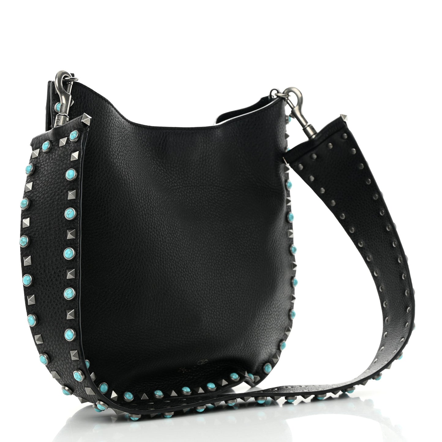 Grained Calfskin Turquoise Small Rockstud Rolling Flip-Lock Messenger Black