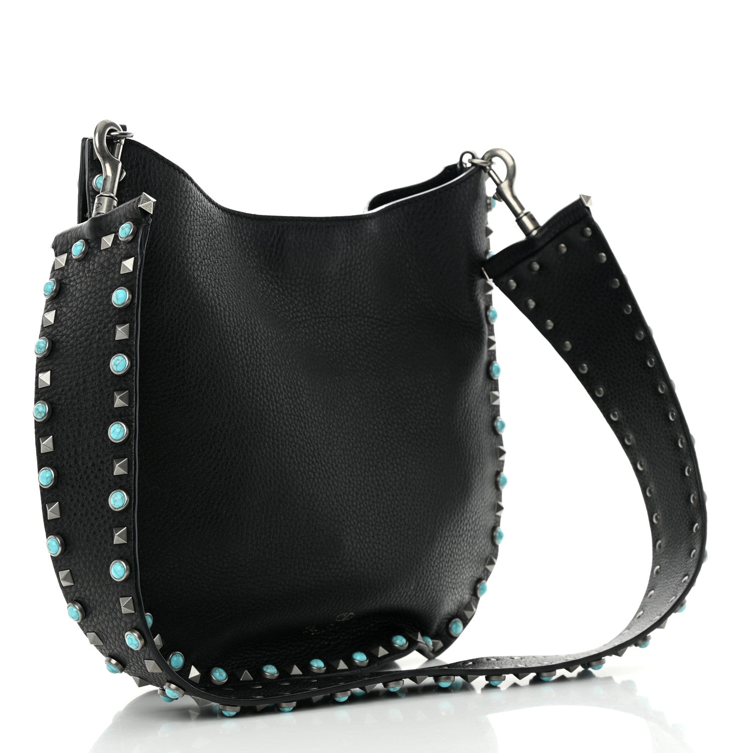 Valentino Garavani Grained Calfskin Turquoise Small Rockstud Rolling Flip-Lock Messenger Black 2 of 11