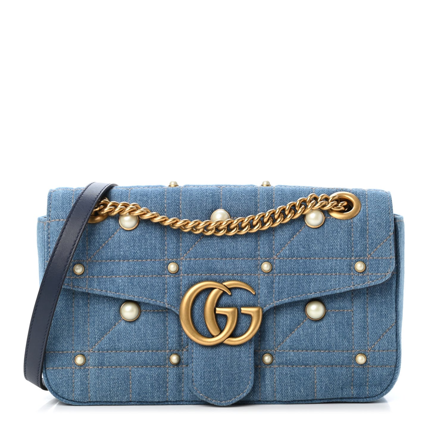 Denim Matelasse Pearl Studded Small GG Marmont Shoulder Bag Blue