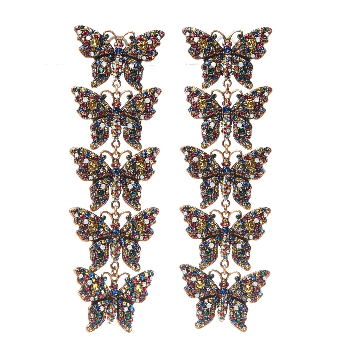 Metal Crystal Butterfly Clip On Drop Earrings Aged Gold Multicolor