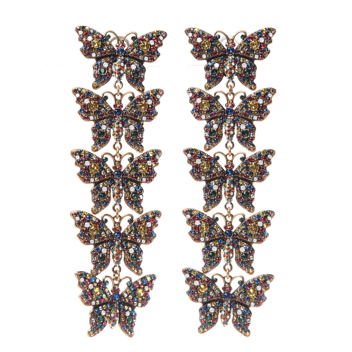 Gucci Metal Crystal Butterfly Clip On Drop Earrings Aged Gold Multicolor 1 of 5
