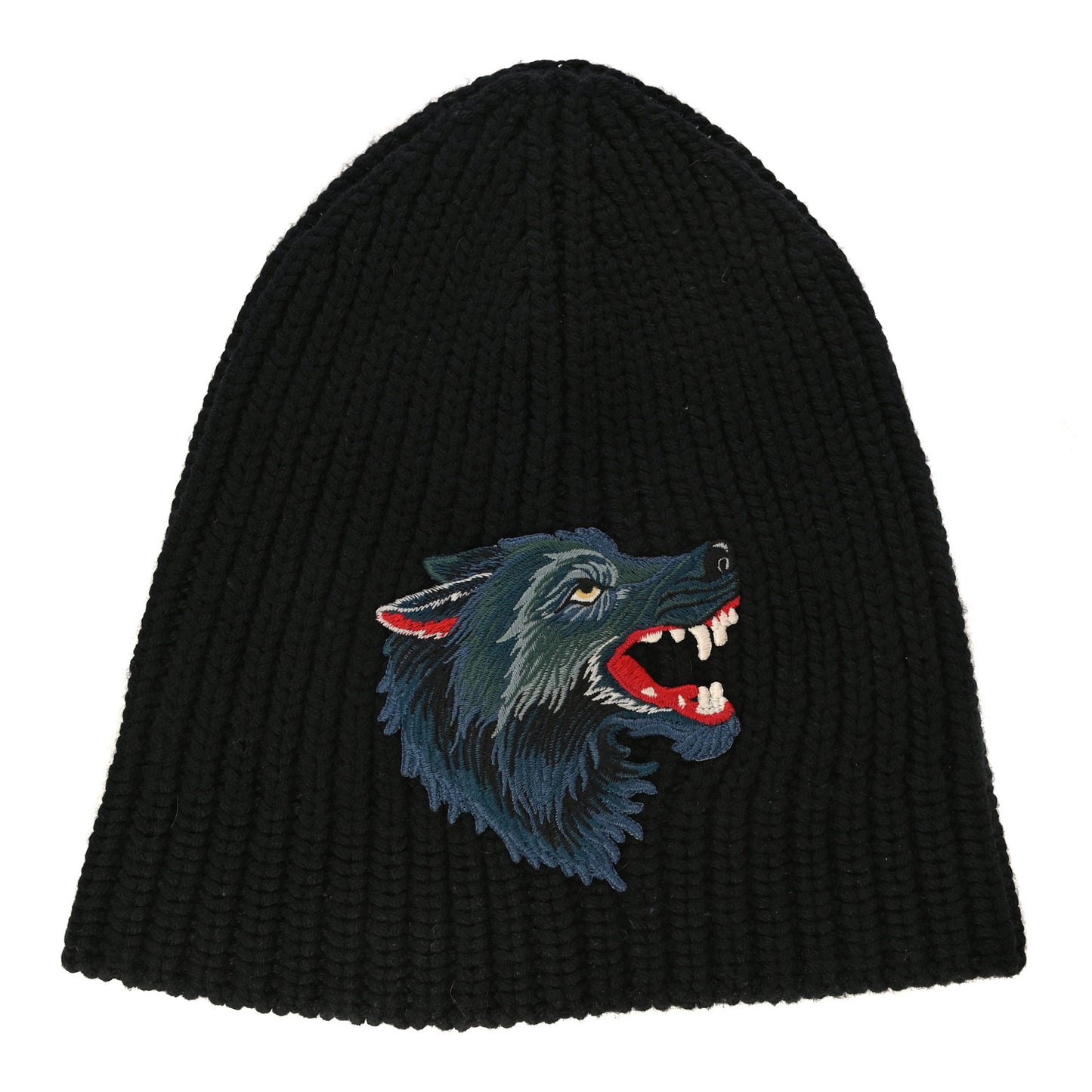 Wool Wolf Embroidered Knit Beanie Hat M Black