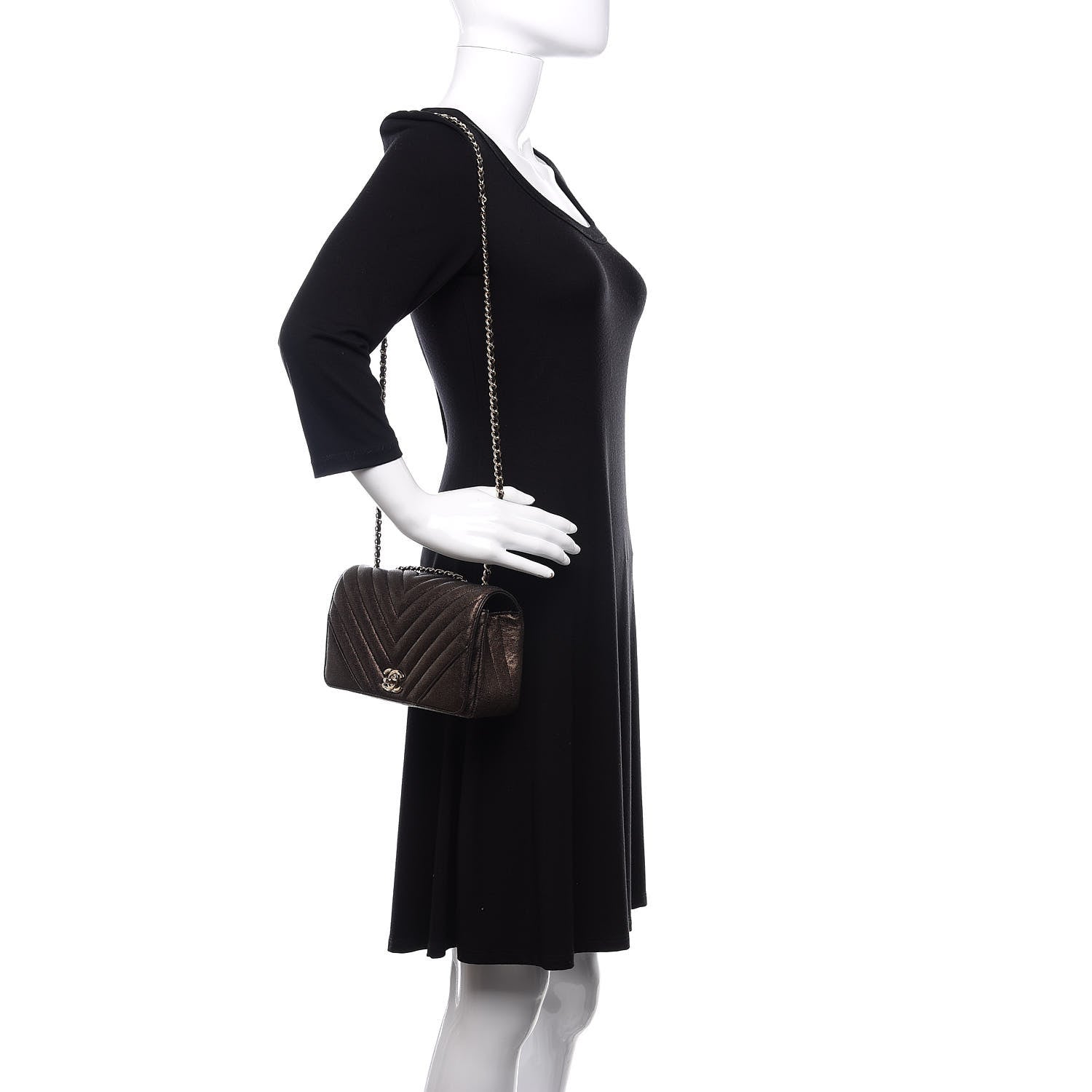 Chanel Metallic Caviar Chevron Quilted Mini Statement Flap Bronze 2 of 11