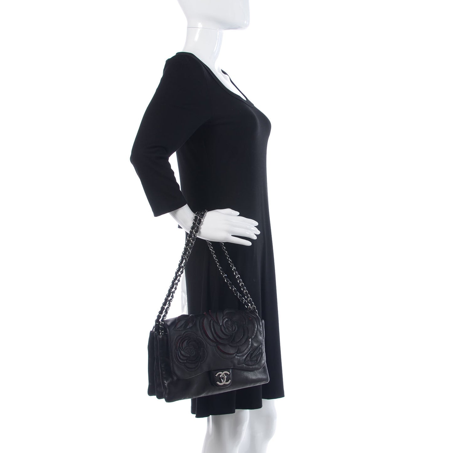 Lambskin Tweed Large Camellia Petals Flap Black